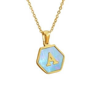 Hexagon Initial Letter Charm, A, 18K GP Blue Iridescent Pendant Necklace